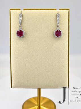 Natural Ruby & White Topaz Hexagon Dangle Earrings 925 Sterling Silver 14K Gold
